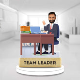 Team Leader Caricature Gift - Male Team Leader acrylic showpiece featuring a smiling man in a suit at a desk with 'Team Leader' plaque. Ideal for office decor or farewell gifts.
